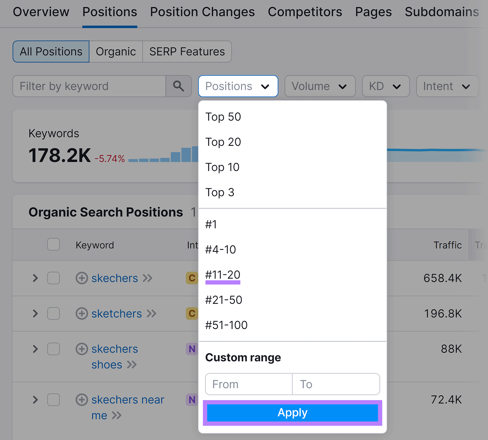 职位 filter opened, '11-20' option highlighted, and 申请button highlighted