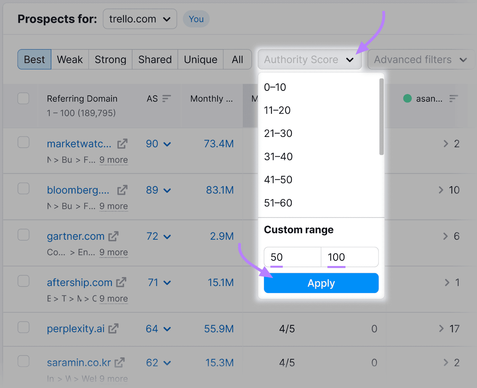反向链接间隙 UI for prospecting sites, dropdown menu for 