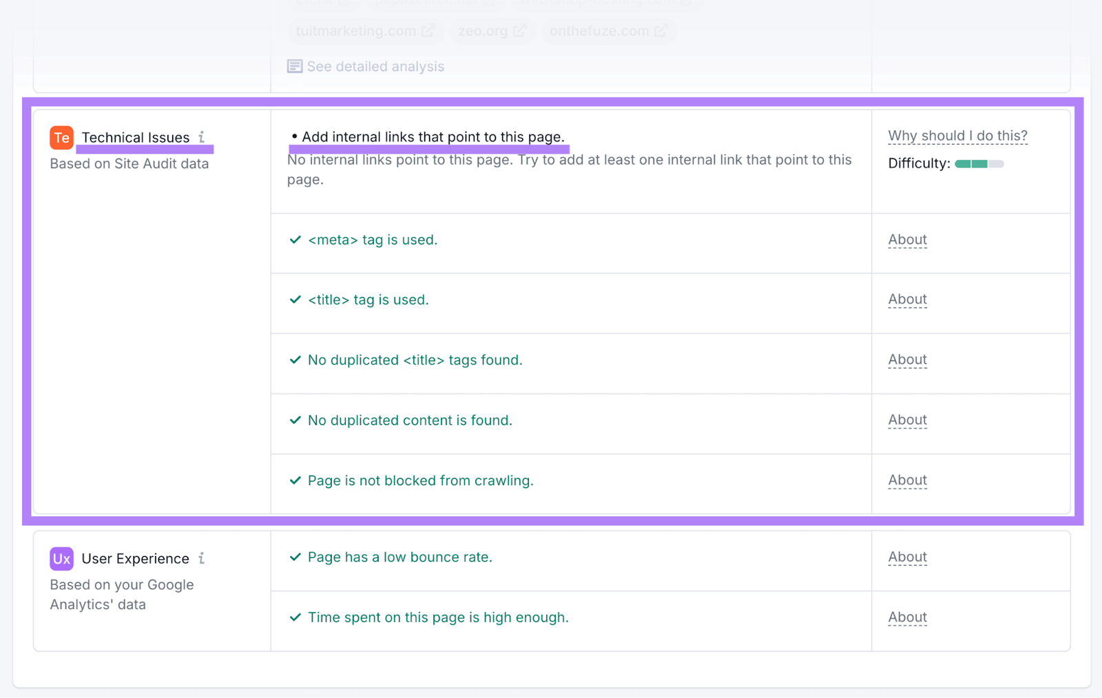 Specific technical issues and optimization ideas generated by On Page SEO checker, including 