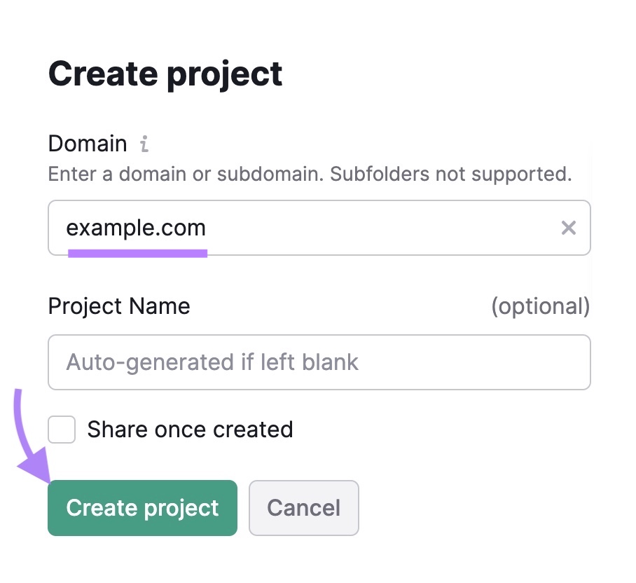 Input boxes to enter a domain 和 project name along with the 