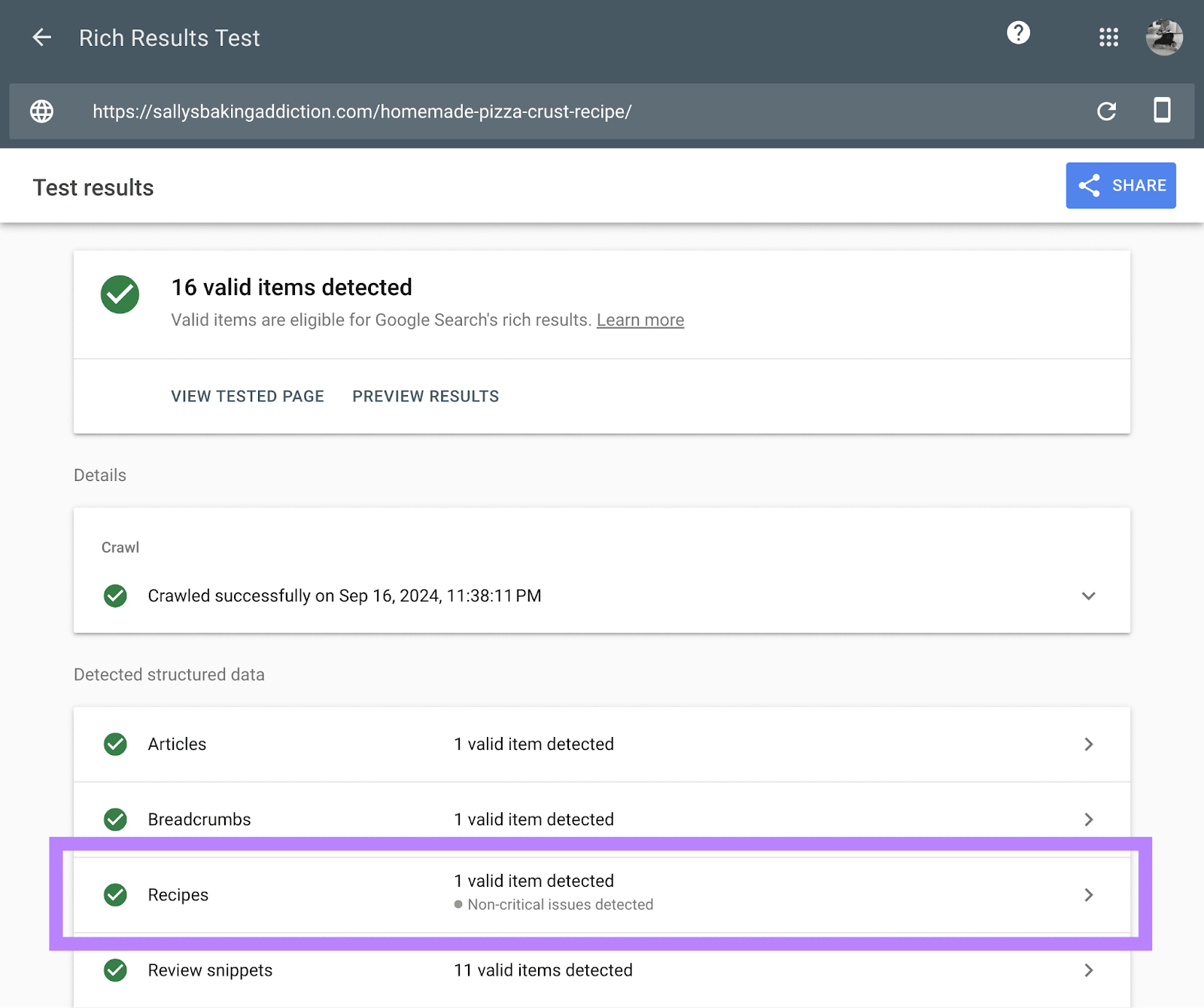 Example test results showing 16 valid items detected for the URL with structured data detected for 