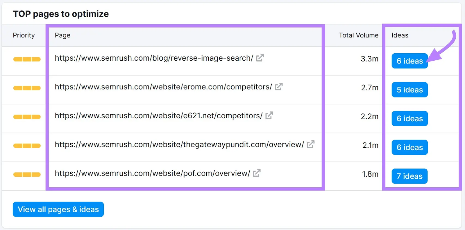 “TOP pages to optimize” page with 