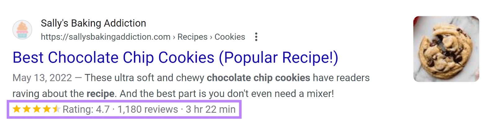 搜索 result for cookie recipe with recipe rich snippet highlighted.