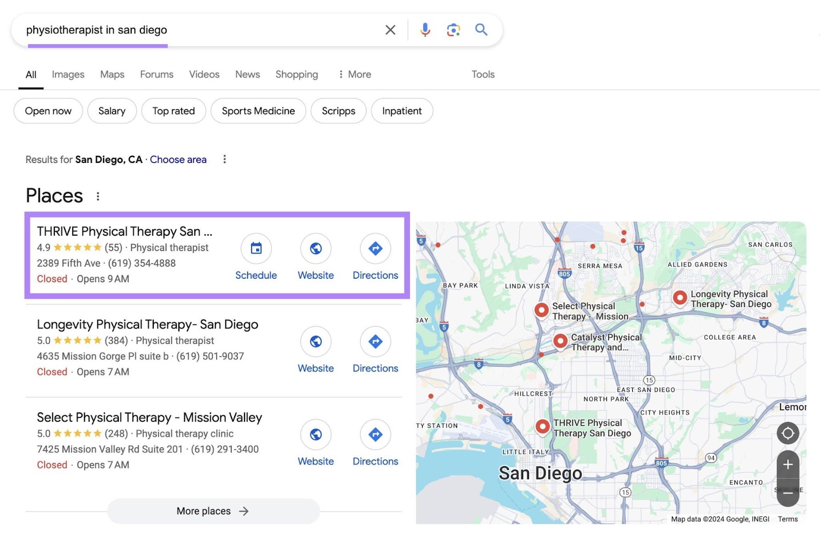 Search on Google for “physiotherapist in San Diego”showing a list of local results next to a map of where they are located at the top of the SERP.