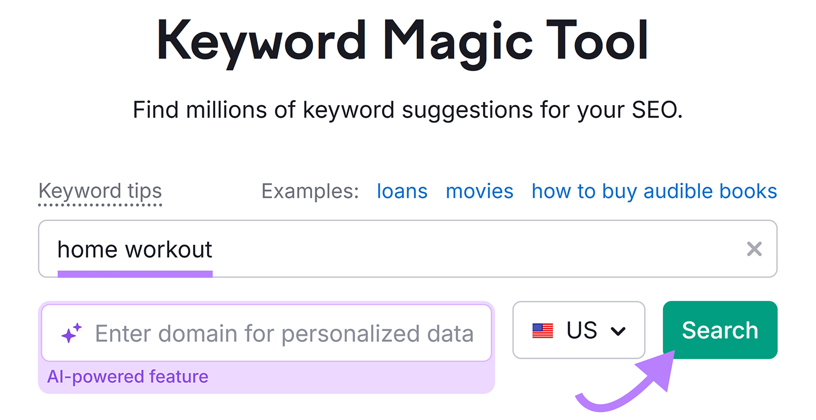 关键字魔术工具 start with the search term “home workout” and search button highlighted