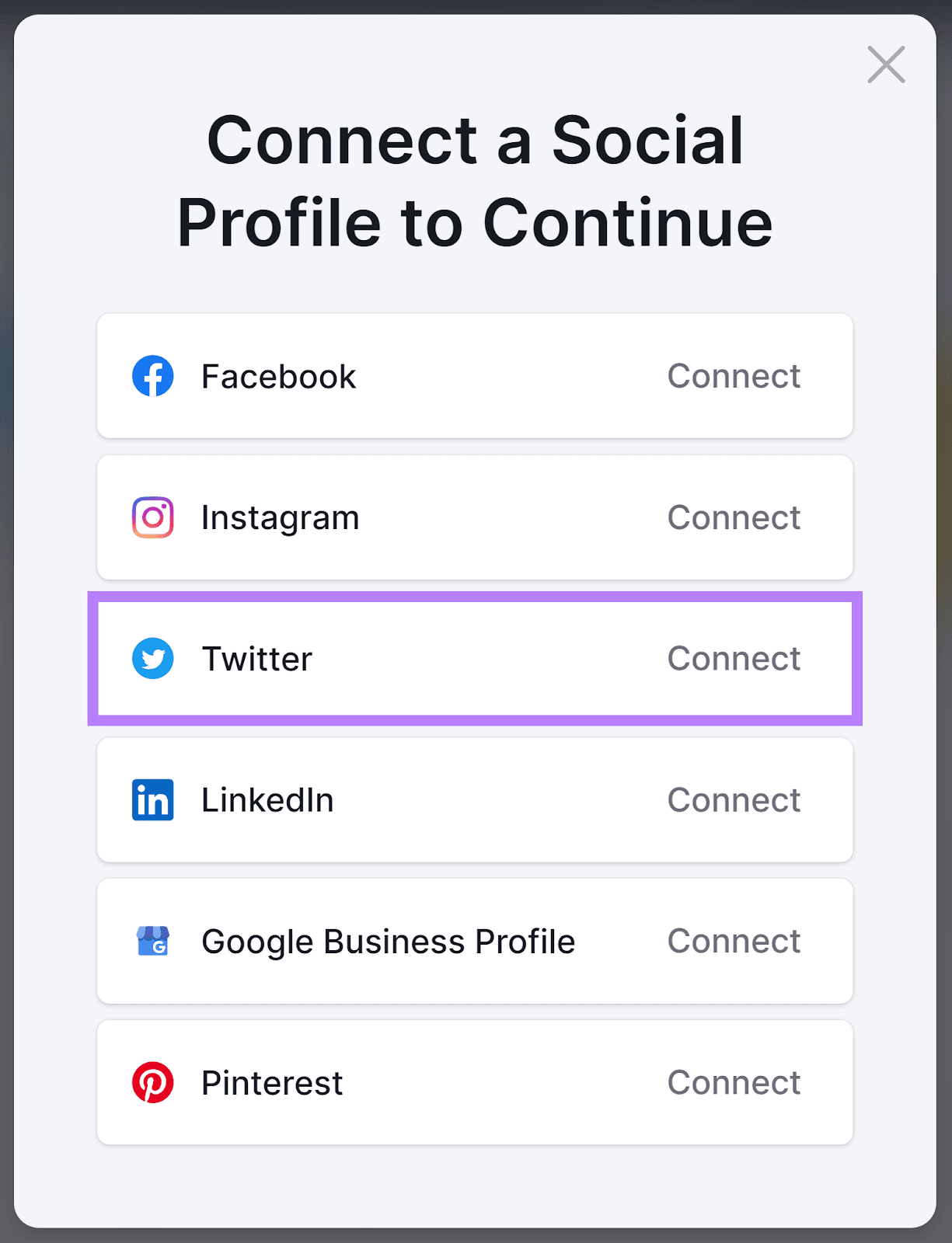 连接 to a Social Profile popup with Twitter option highlighted.