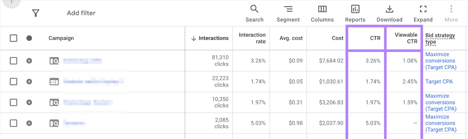 click through rate和viewable ctr columns are highlighted