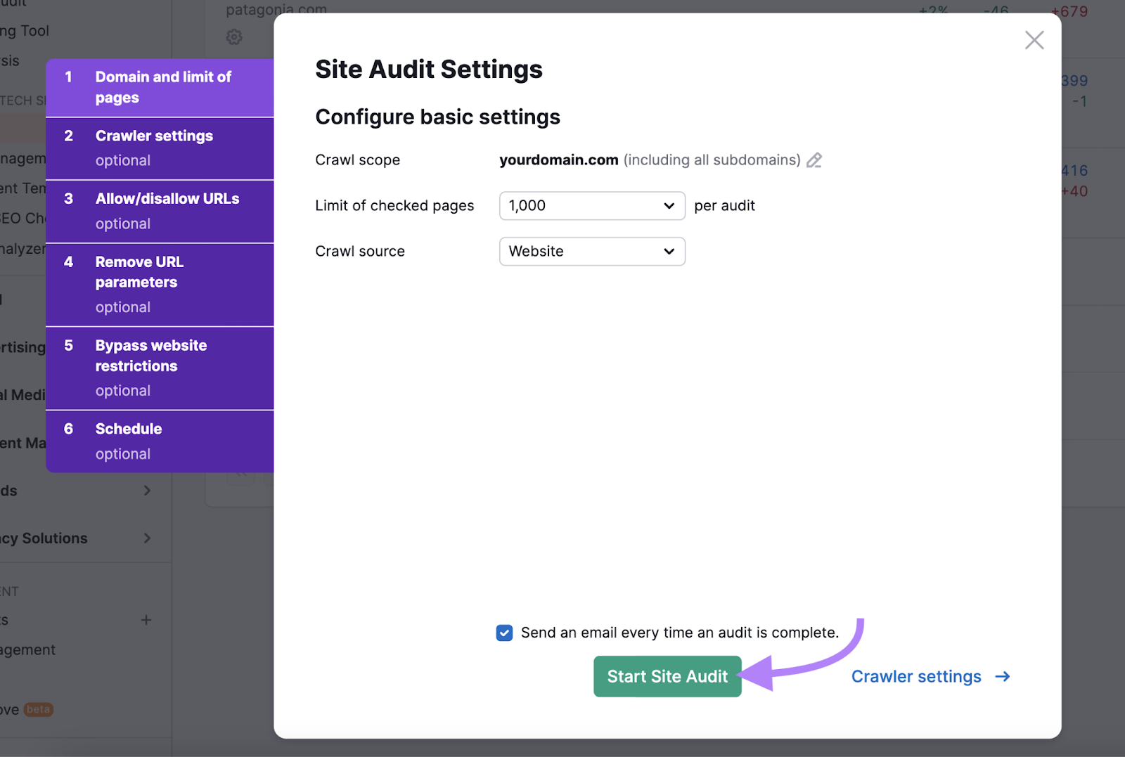 Number of checked pages per audit和crawl source are selected.