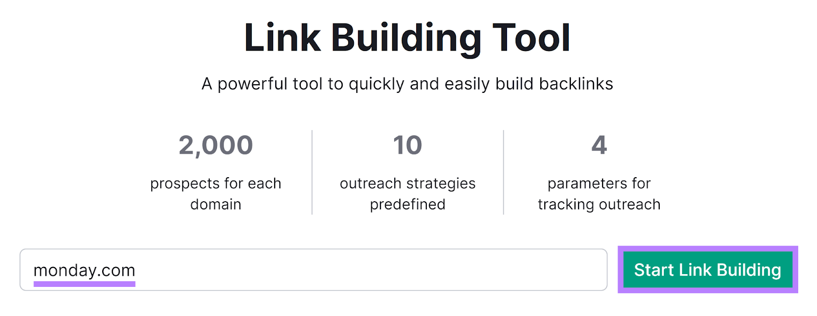 Semrush 链接构建工具 start with domain entered and 开始建立连结 button highlighted