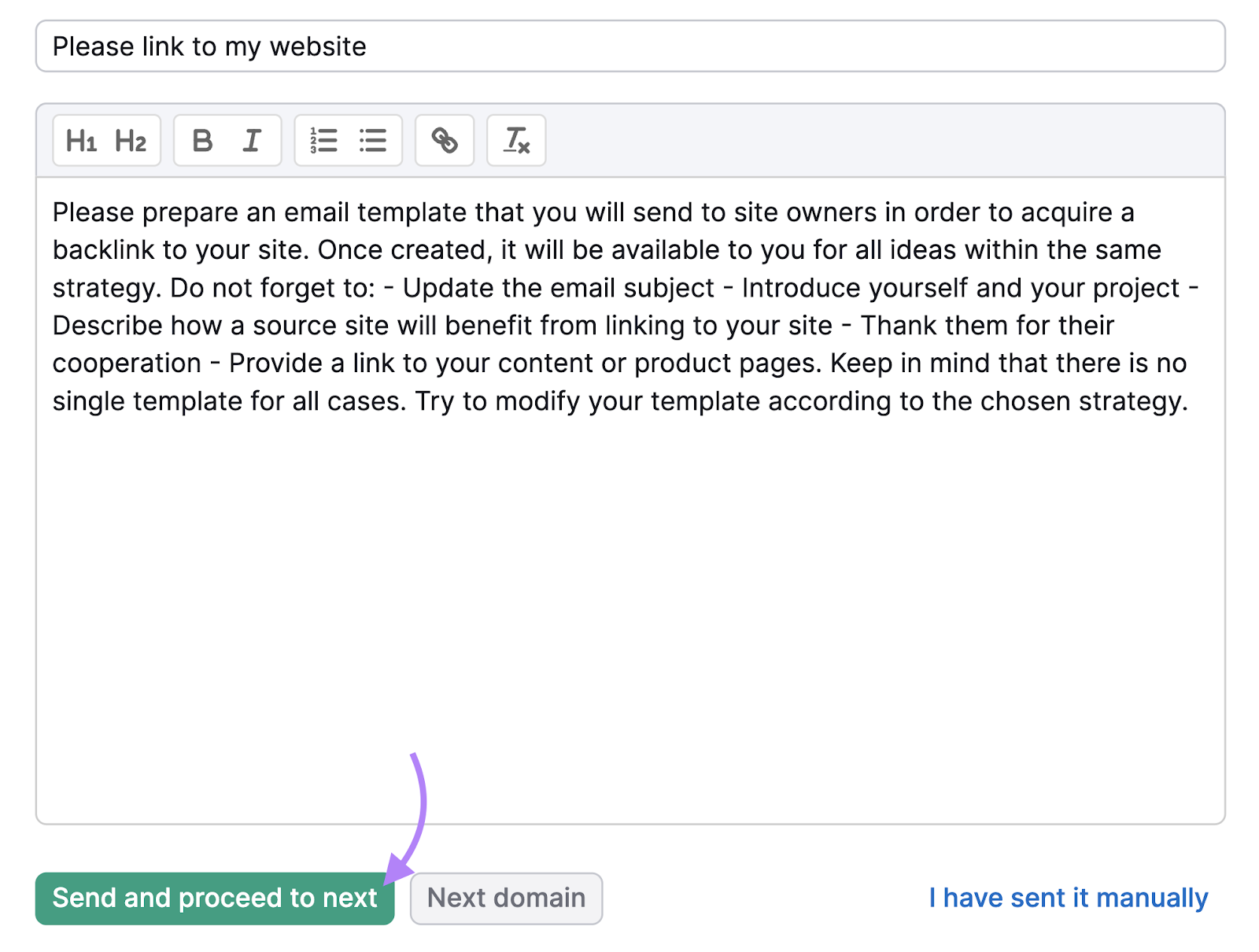 “发送并继续下一步” button highlighted in email builder