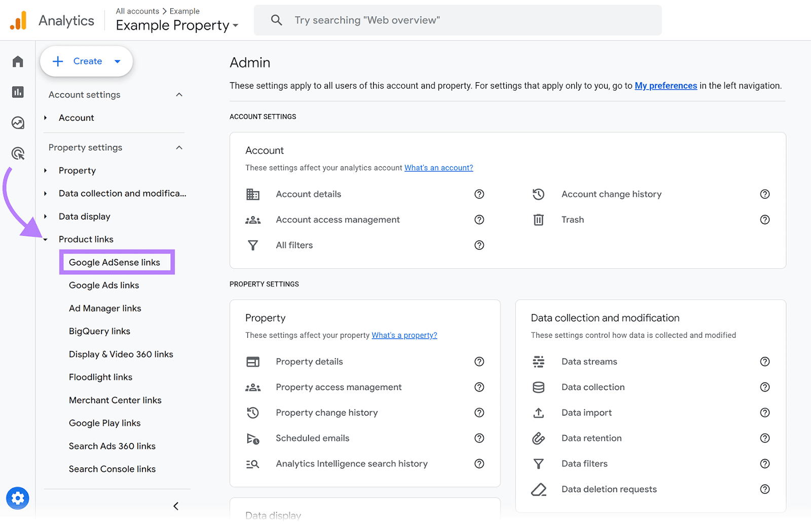 谷歌分析 行政主任 Settings sidebar with 谷歌AdSense链接 option highlighted