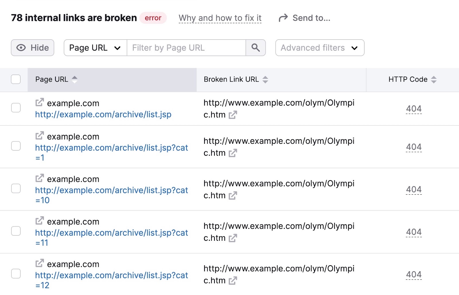 Pages with broken internal links on 现场审核 with columns for the page URL, broken link URL, and HTTP code.