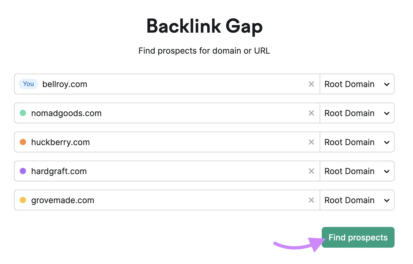 反向链接间隙 tool start with domains entered和arrow pointing to '寻找前景' button