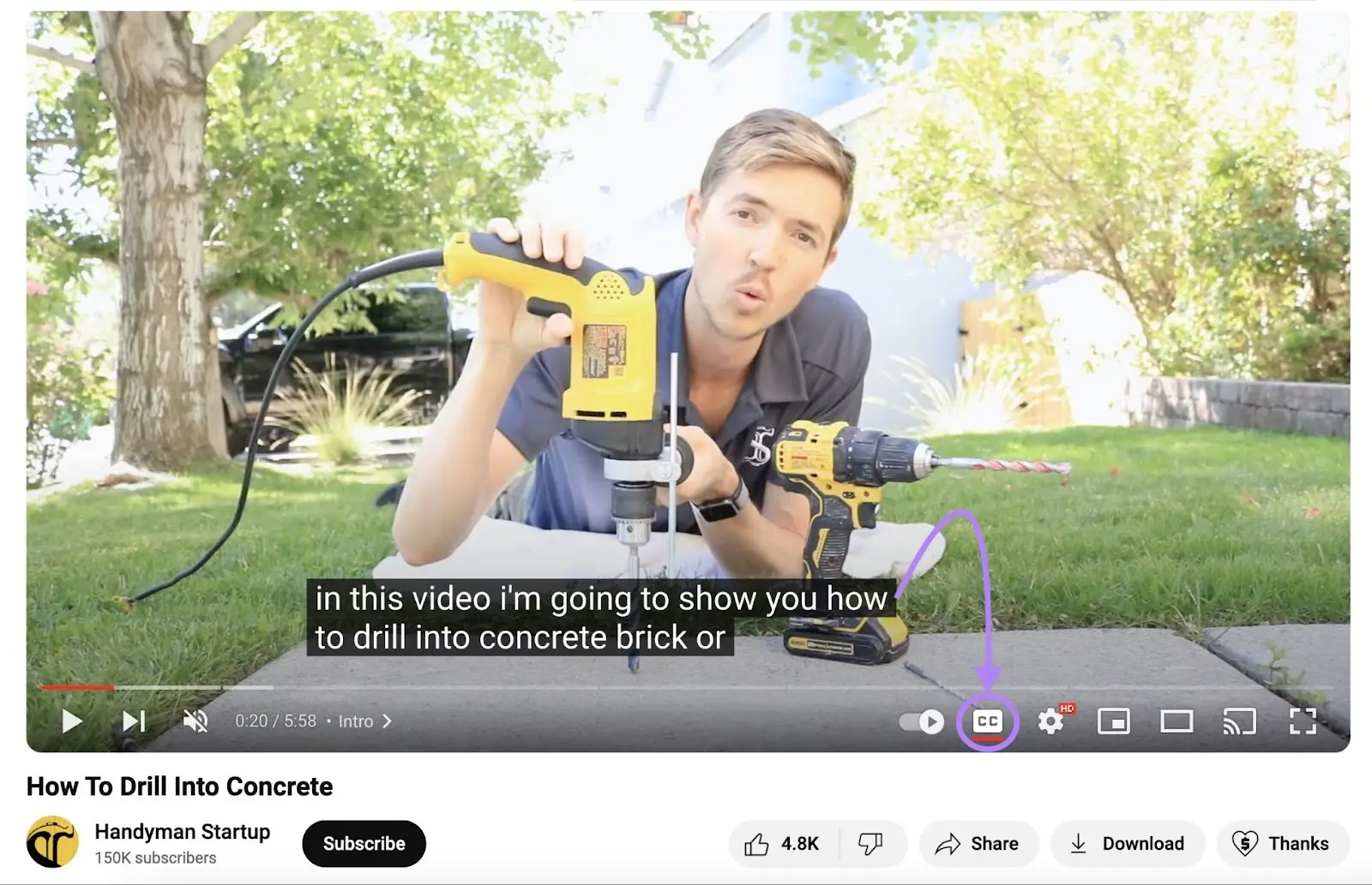 Handyman Startup YouTube video playing with captions和arrow pointing to highlighted CC icon in video player