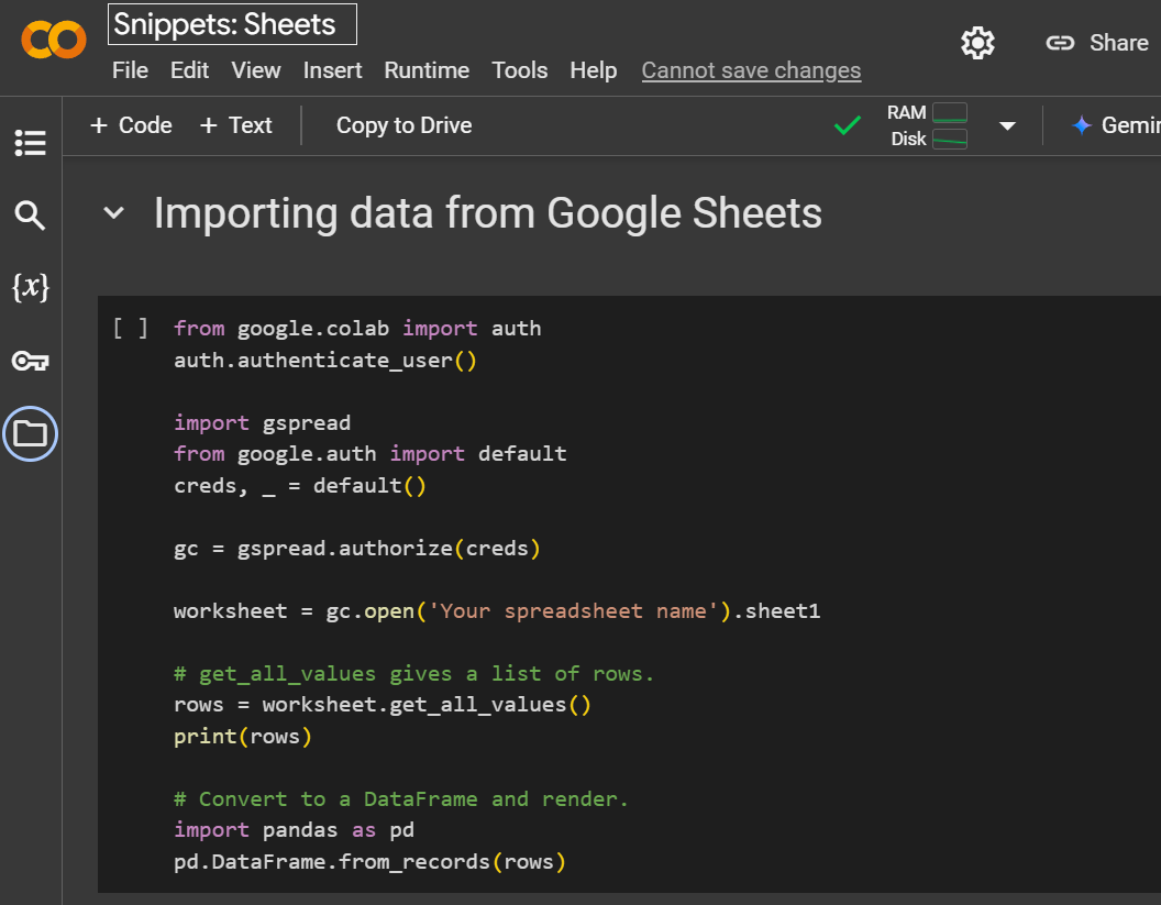 谷歌Colab example shows importing data from Google Sheets.