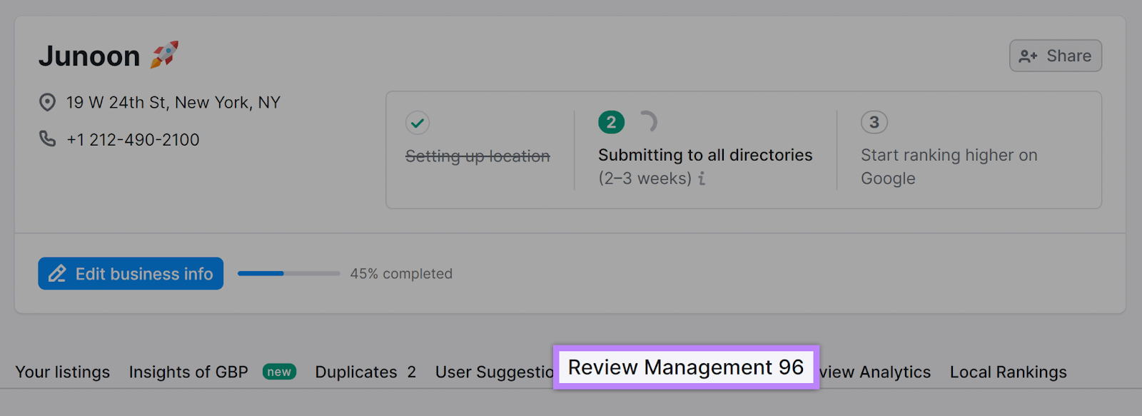 Semrush 上市管理 tool with location selected and 检讨及管理 tab highlighted