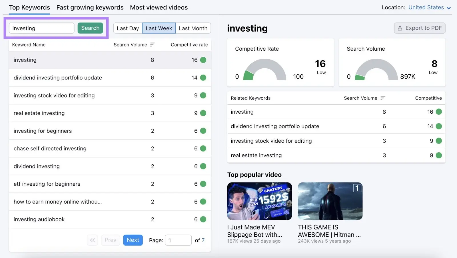 'investing' typed into search field和highlighted