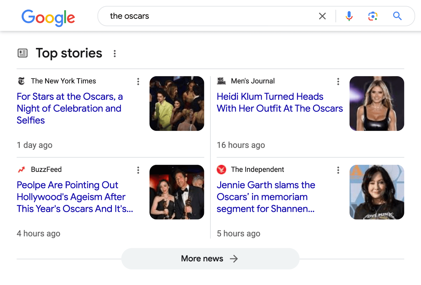 Articles about the Oscars in Google Search Results in the 