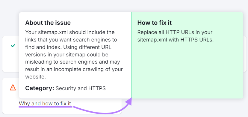The pop up explains the issue and says to replace all HTTP URLs in your 网站地图 with HTTPS URLs.
