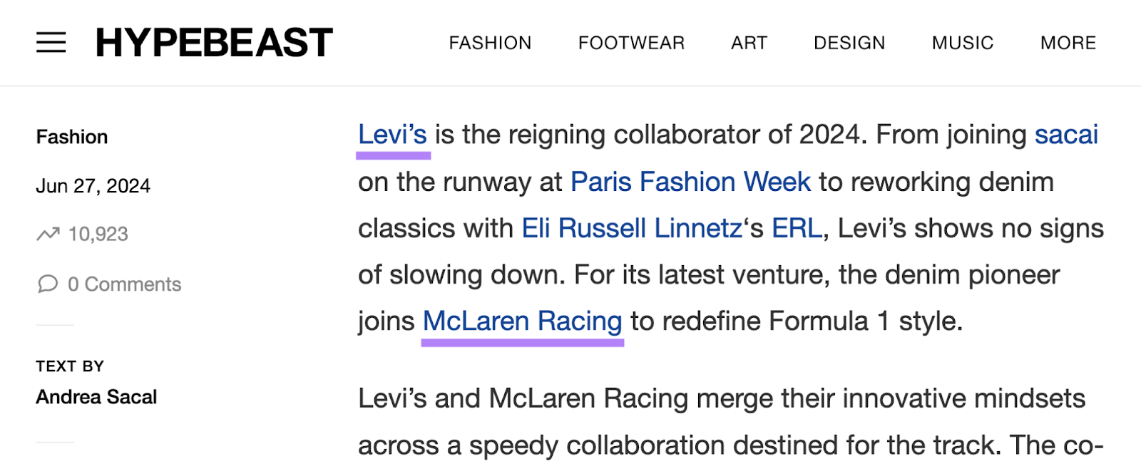 Hypebeast publication mentions Levi's和McLaren in an overview of their collaboration