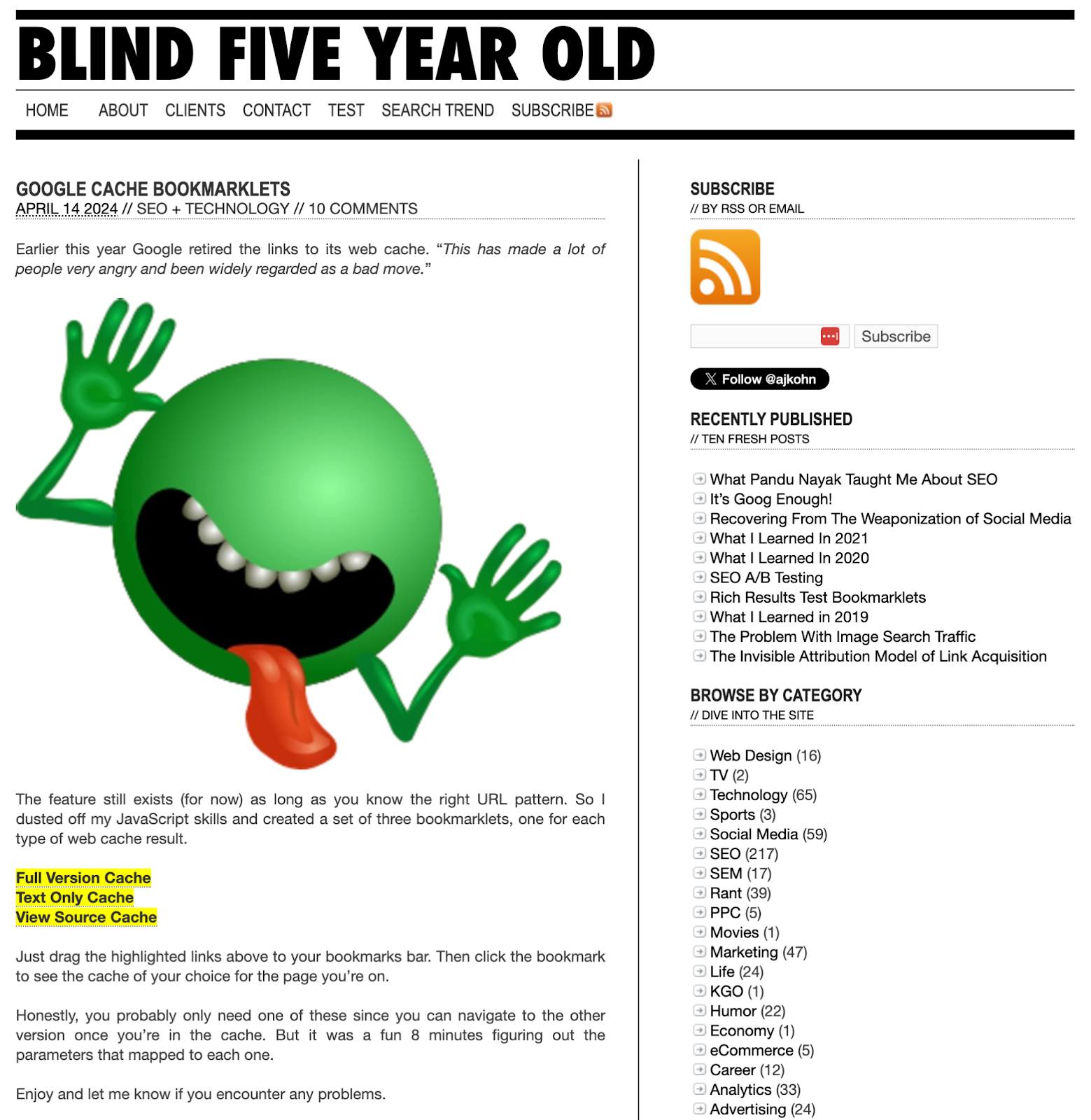 该盲人五岁 SEO blog homepage features an article about Google cache bookmarklets.