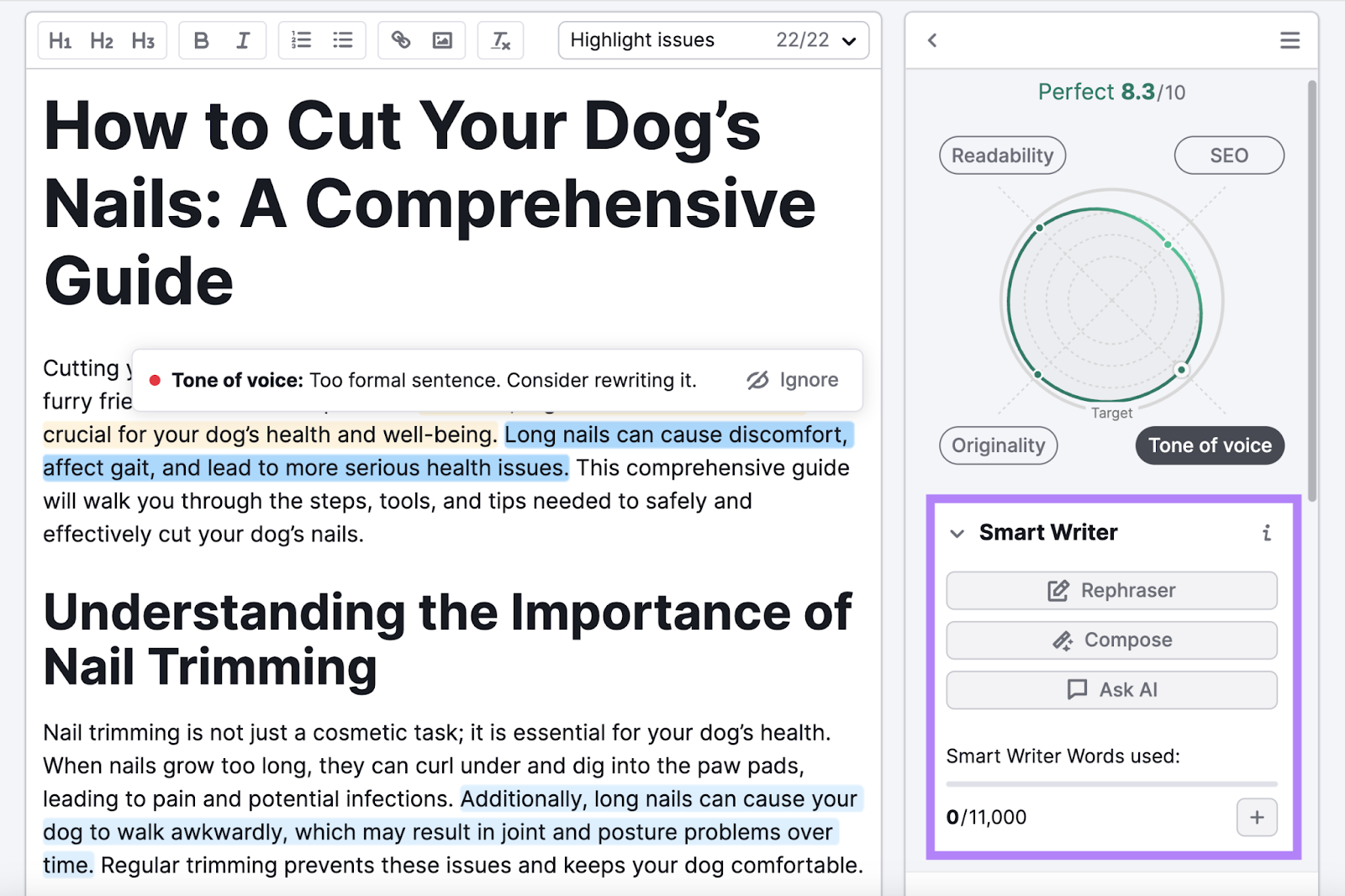 Smart Writer工具s such as rephraser, compose, and ask AI are highlighted