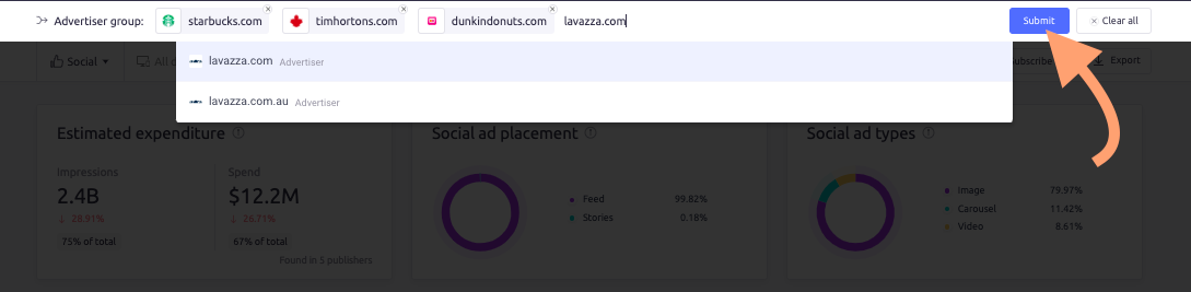 The search bar at the top of the 鹿AdClarity dashboard with four brands entered.