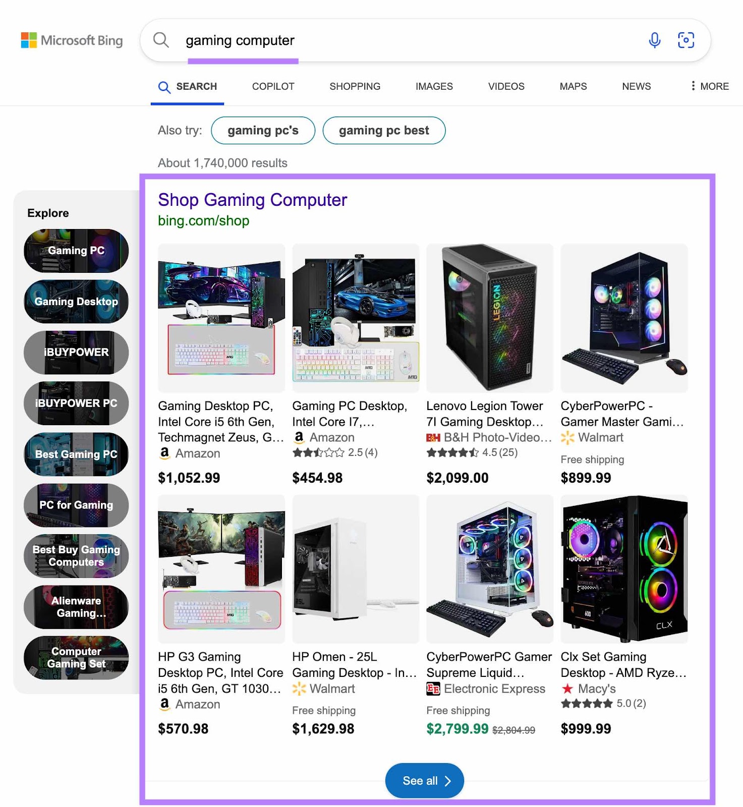 Bing SERP with the term 