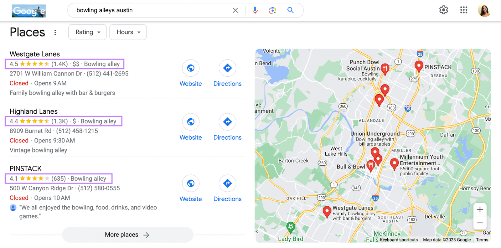 Ratings are highlighted under businesses in Google 本地包装 results