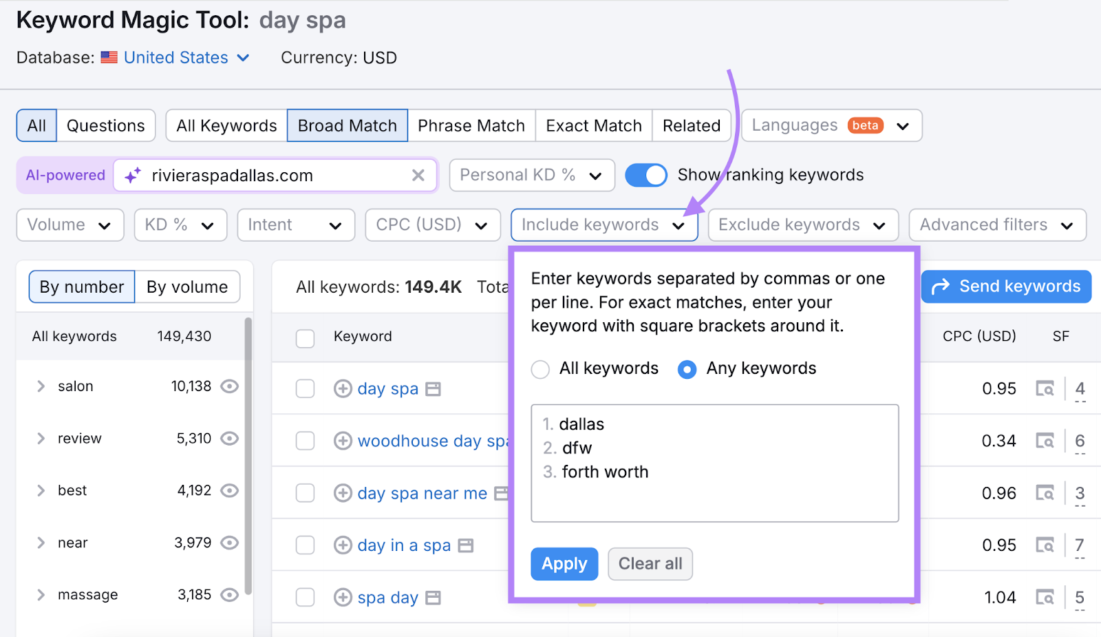 include keywords filter has locations added such as dallas, dfw，而fort worth