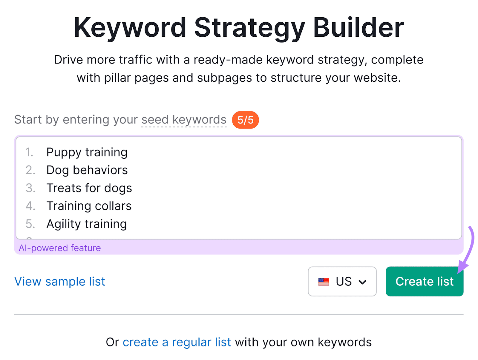 Semrush's 关键字策略生成器 tool interface with five seed keywords filled out and a '创建列表' button.