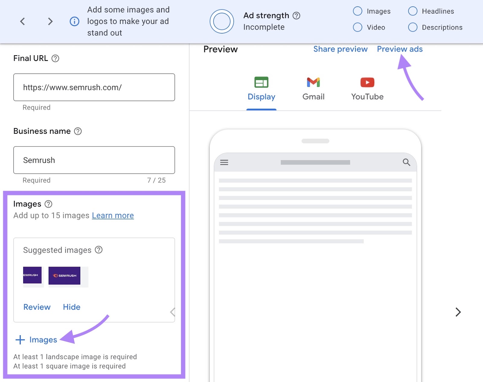 Adding images for a Google display ad with the 