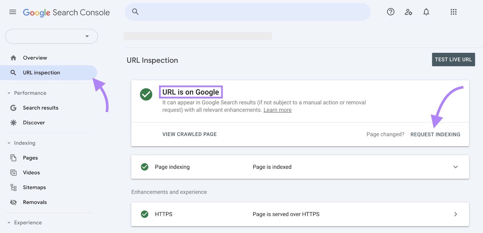 URL Inspection on 谷歌搜索控制台 with 