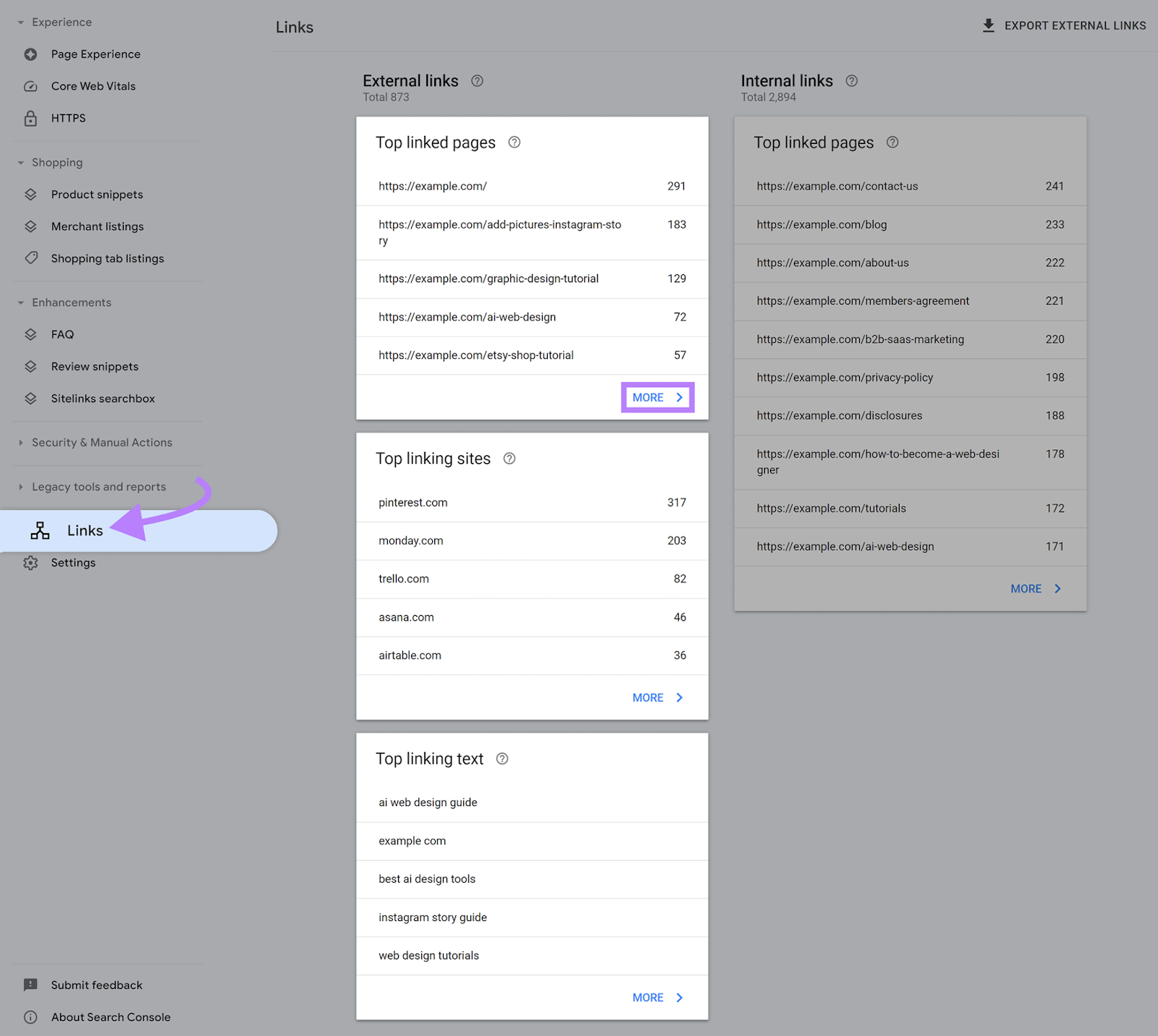连结 report opened in Search Console, report sections highlighted,和'更多' button in 'Top linked pages' section highlighted