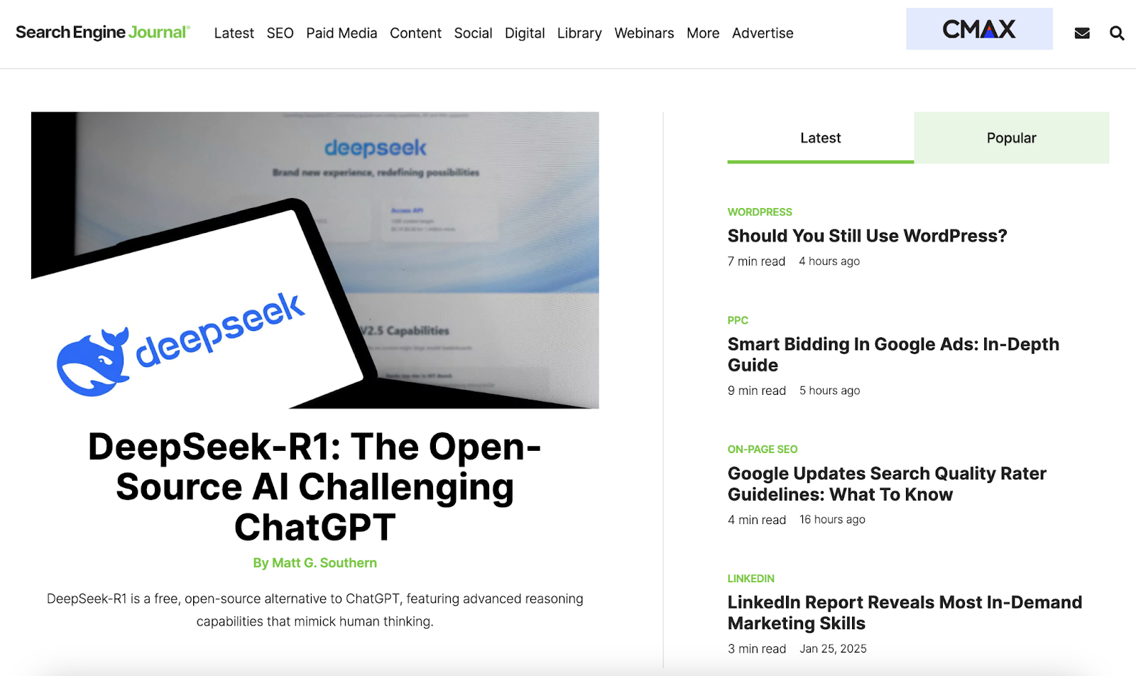 搜索引擎期刊's homepage features SEO content about open source AI, the state of WordPress, updates to search quality rater guidelines，而more.