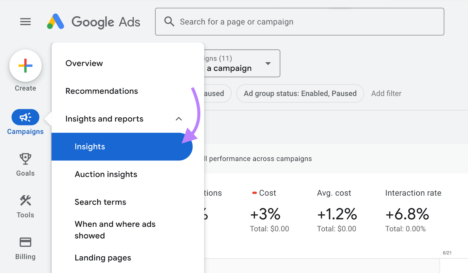 navigate to 洞见；洞见 in google ads