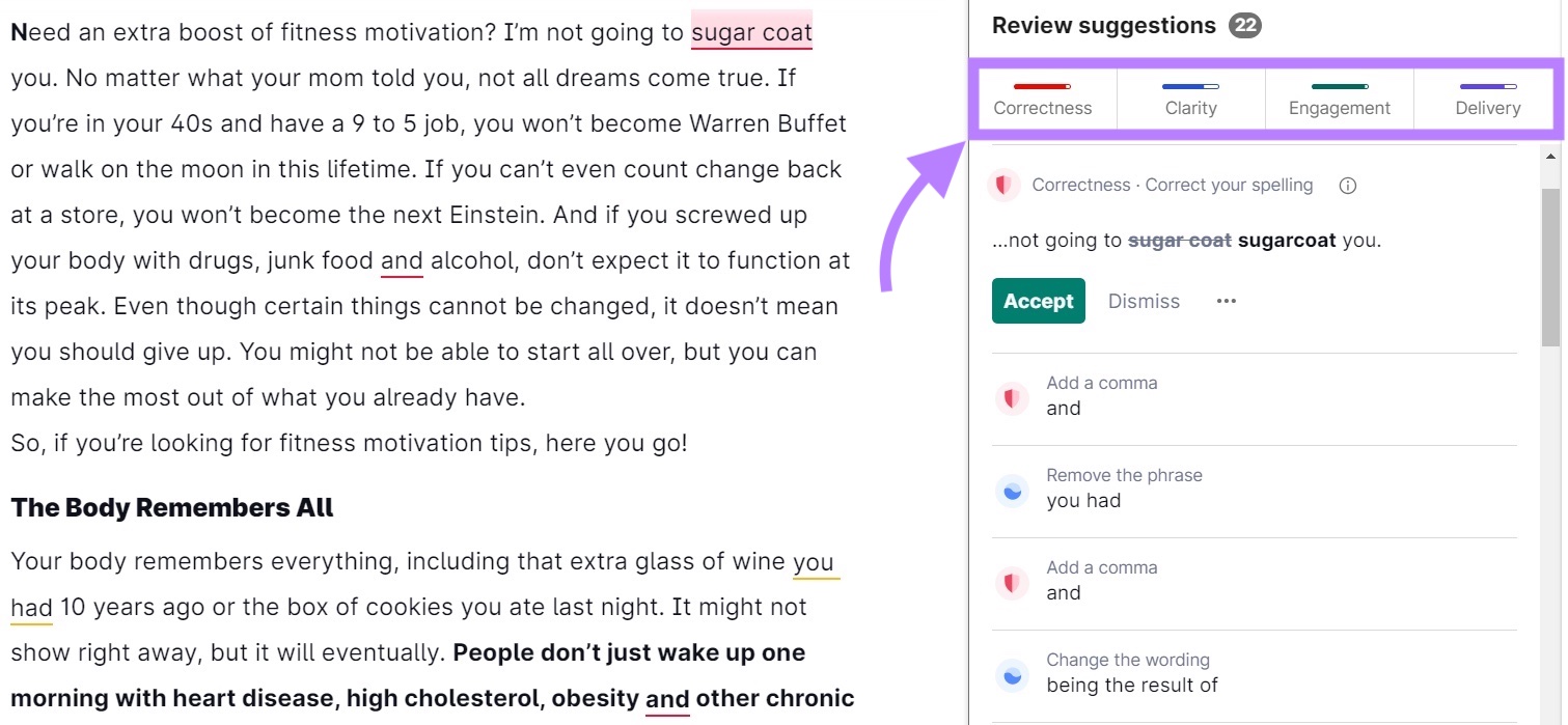 Content recommendation categories on Grammarly, including