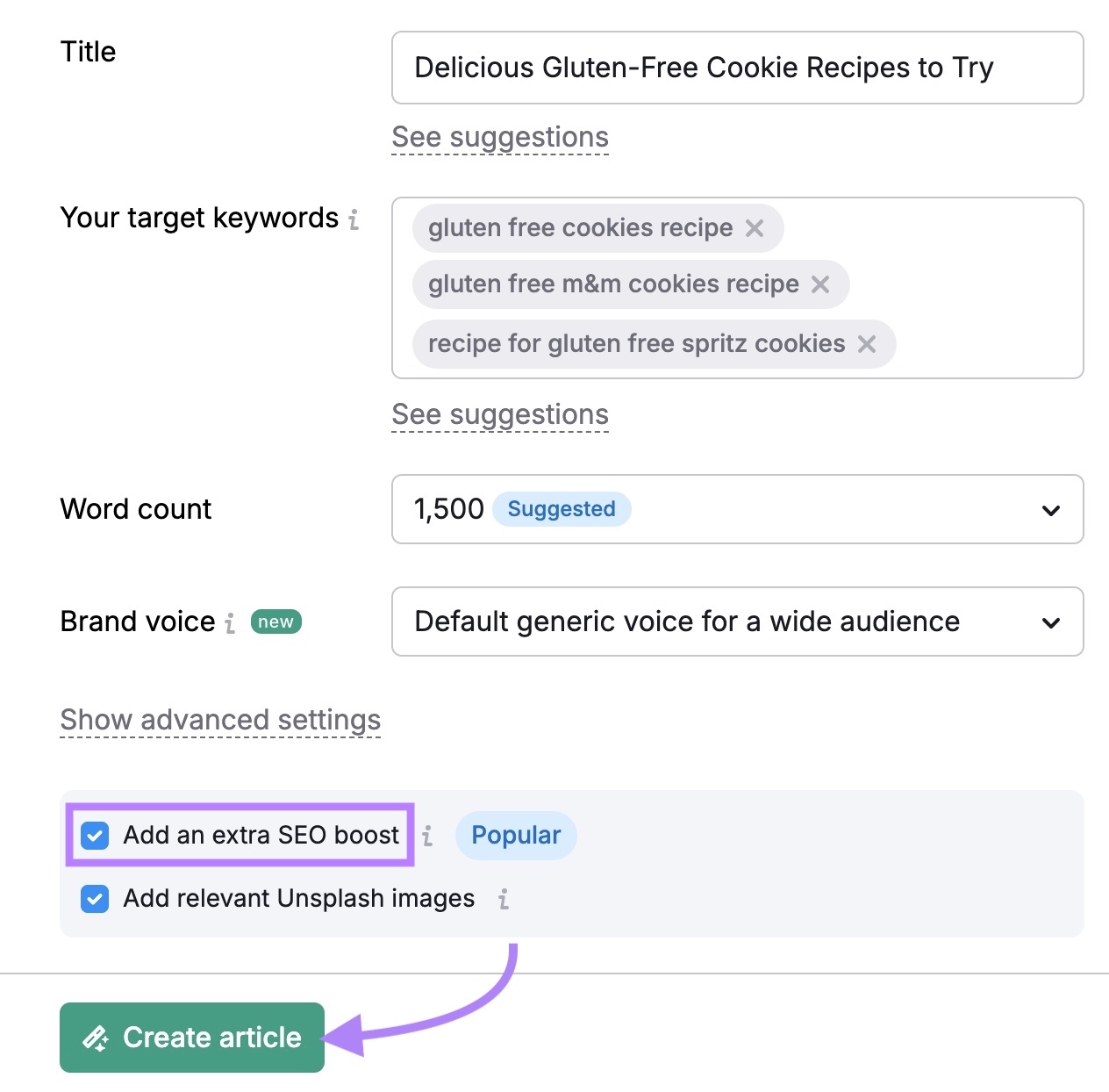 Article settings on Ai内容 with options to customize the title, target 关键词, word count, brand voice, etc. with