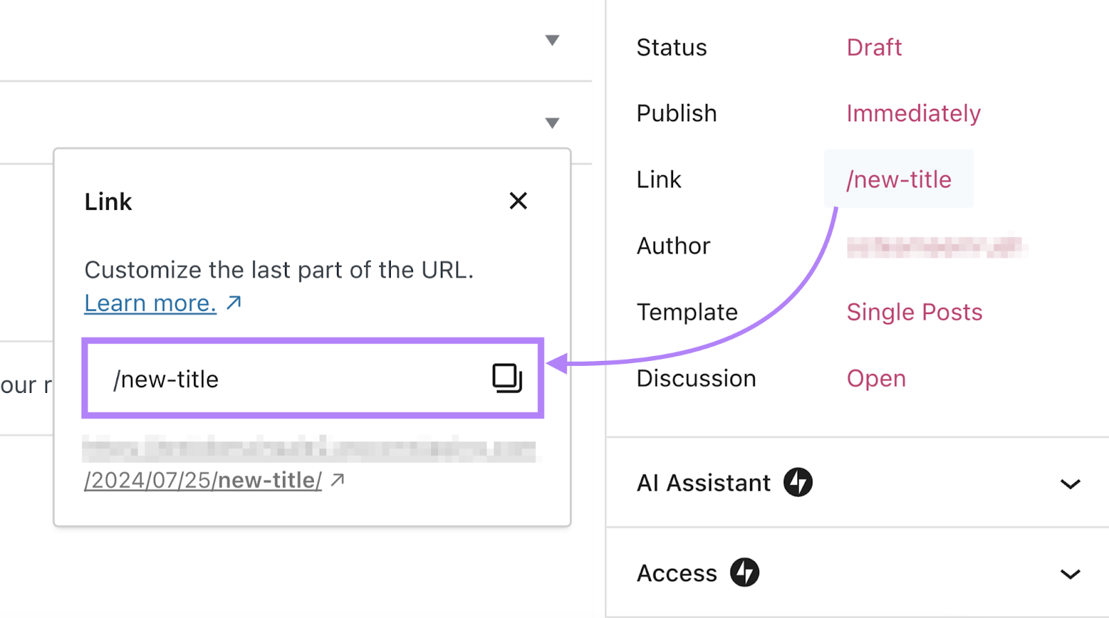 Link settings in WordPress draft opens a pop up box to edit the url 鼻涕虫