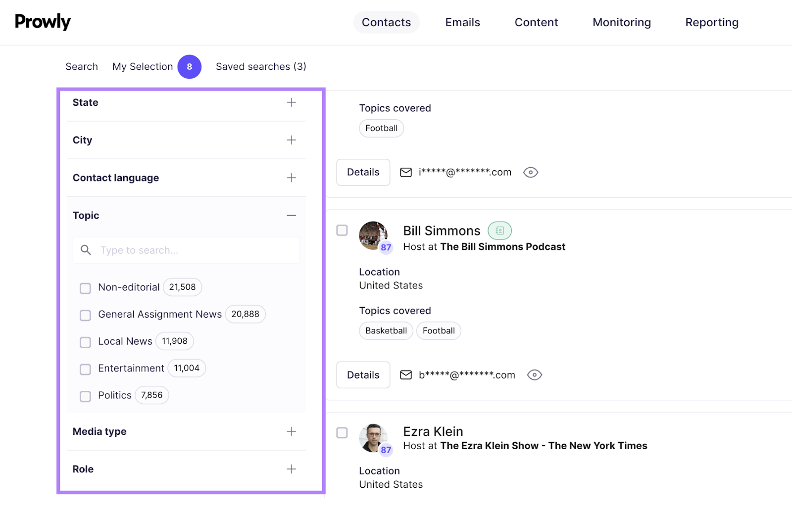 Prowly碌录潞陆 media contacts filters highlighted