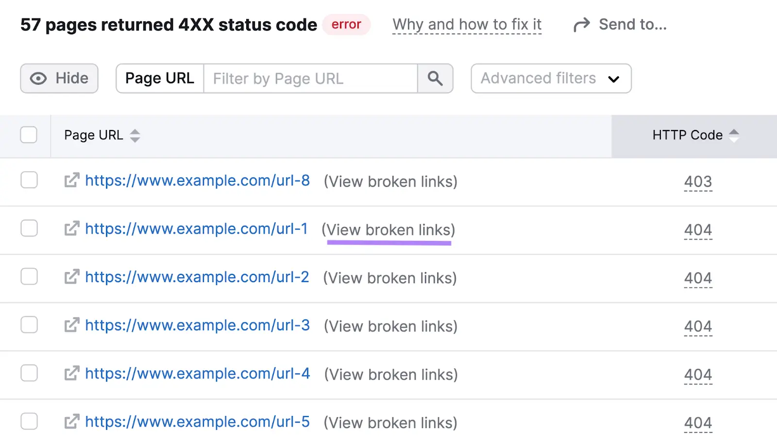 “（查看断开的链接）” highlighted next to a page URL leading to a 404 error from the list