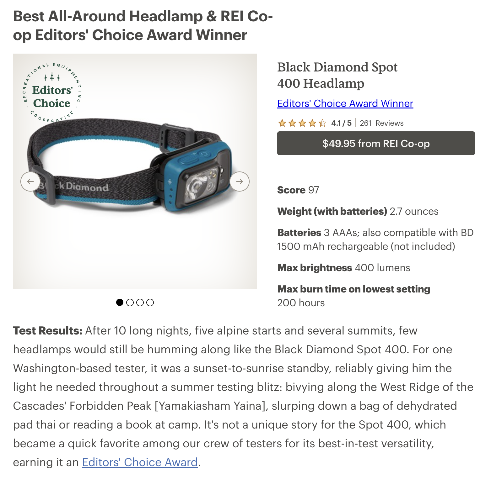 REI's headlamp product review for