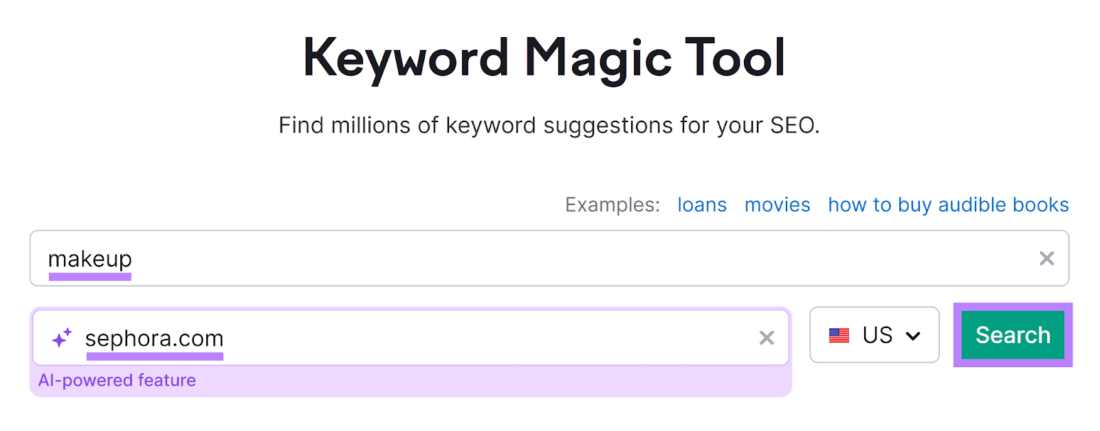 Semrush 关键字魔术工具 start with keyword and domain entered and 搜索 button highlighted