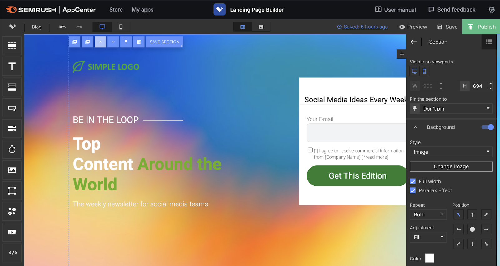 the landing page builder has tools like text, changing the background, positioning items,和more