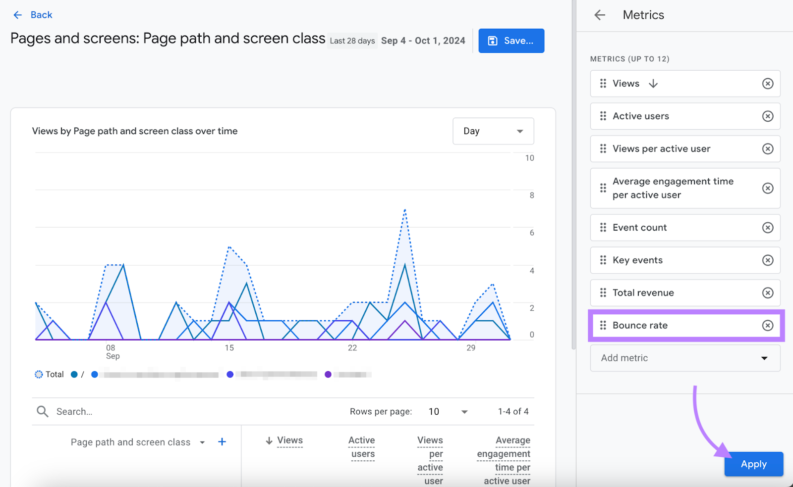 bounce rate metric is entered和highlighted