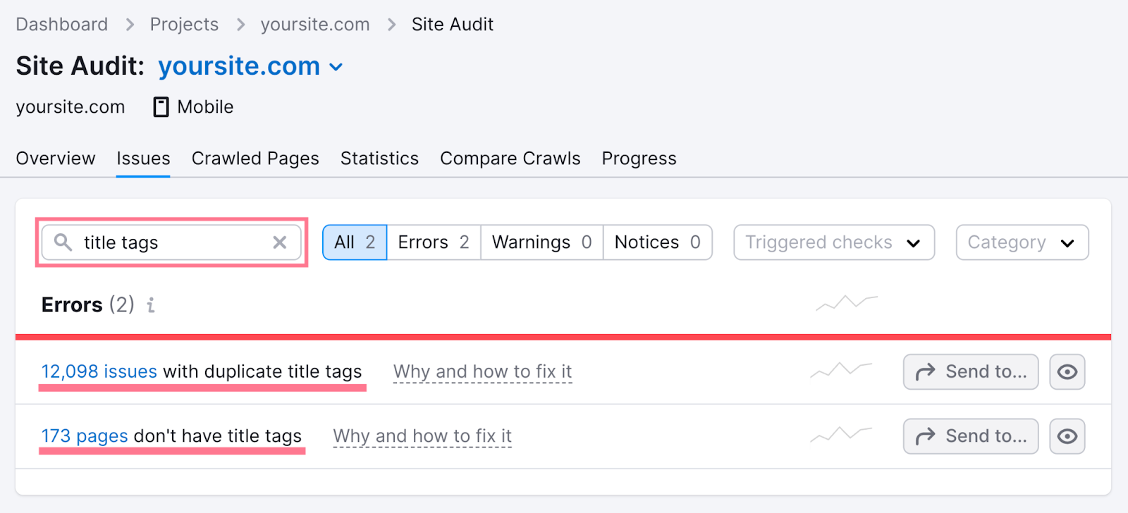 Title tag errors shown in the 