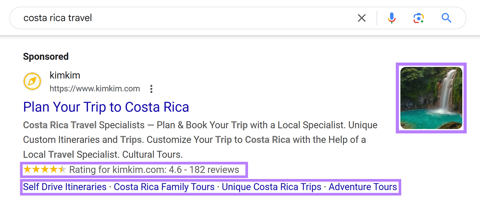 广告资产 highlighted for Sponsored result for 'cost rica travel' search