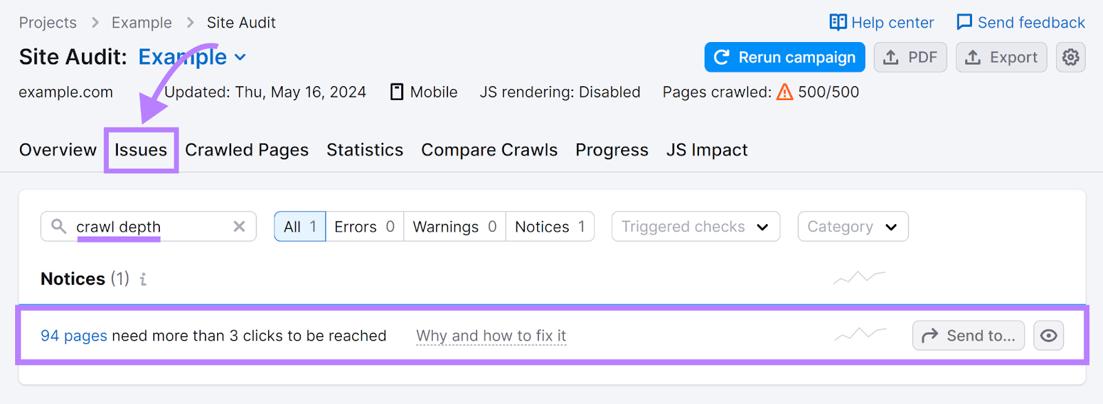 问题 tab selected, 'crawl depth' in search field，而crawl depth notice row highlighted.