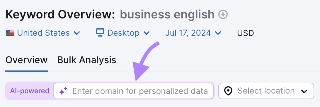 the AI-powered “Enter domain for personalized data” box on 关键字概述 highlighted