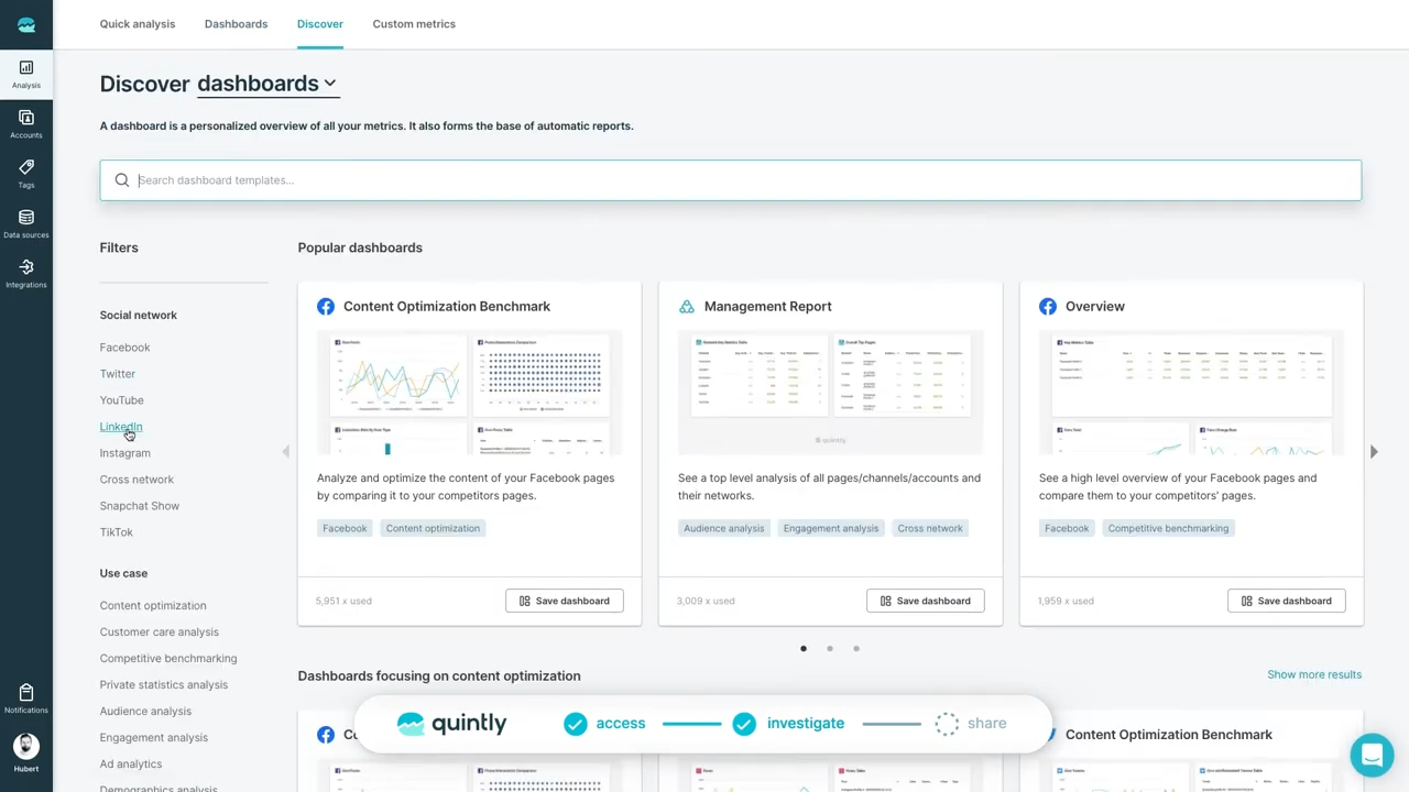 整容数据工作室 interface with potential dashboards to select including content optimization benchmark and management report